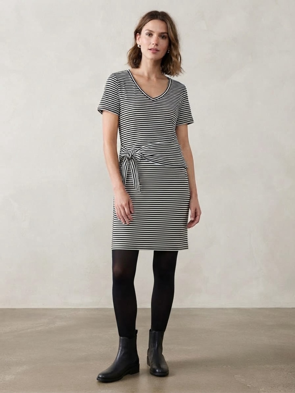 Tribal Black and White Striped V‑Neck Tie‑Waist Casual Dress Size XL